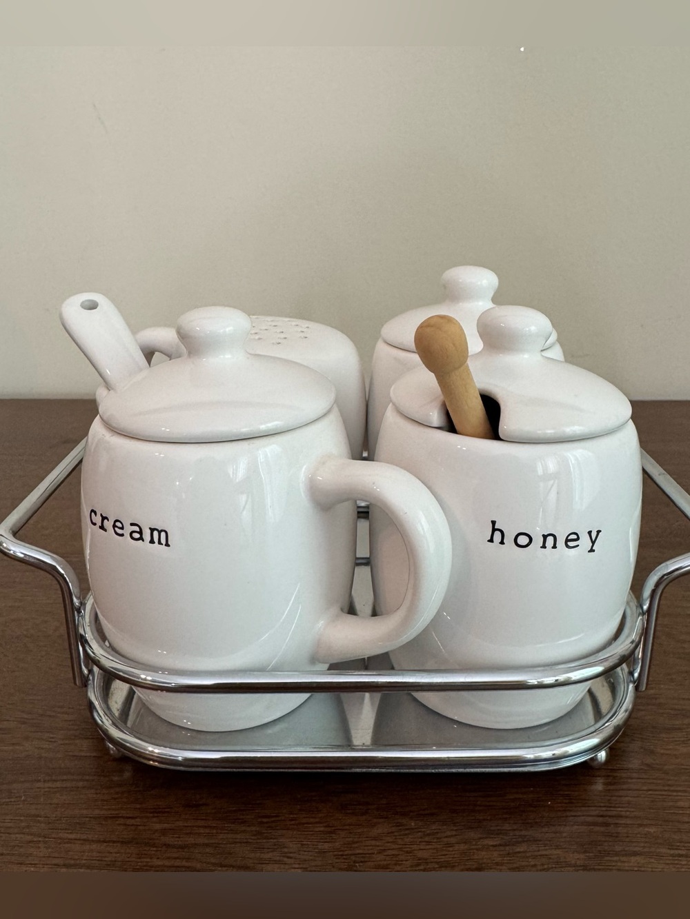 Pottery Barn Coffee House Set White Ceramic Sugar Honey Creamer Sprinkles